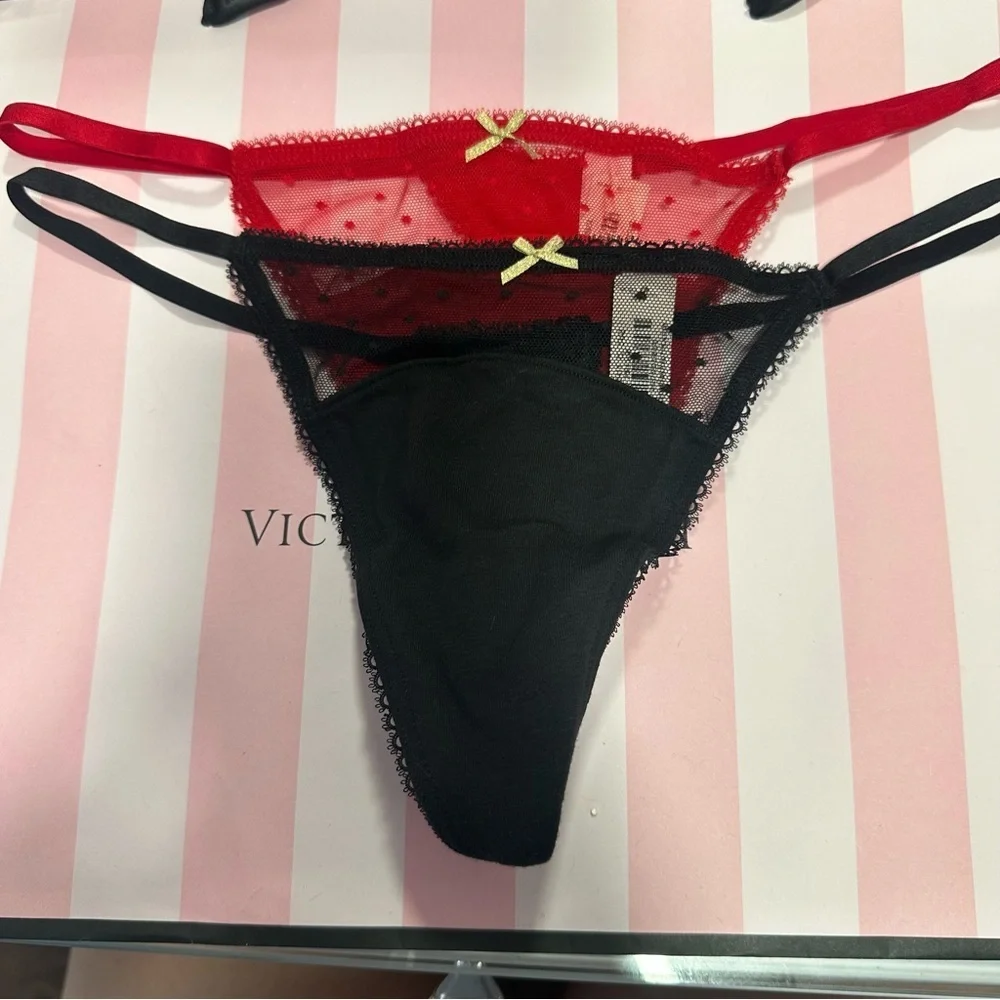 Victoria's Secret Red and Black Lace Thong Duo